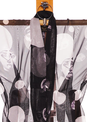 Many Faces of a Woman Kimono Black by Joy Kimono Close Up Chiffon Silk Kaftan Gown Robe